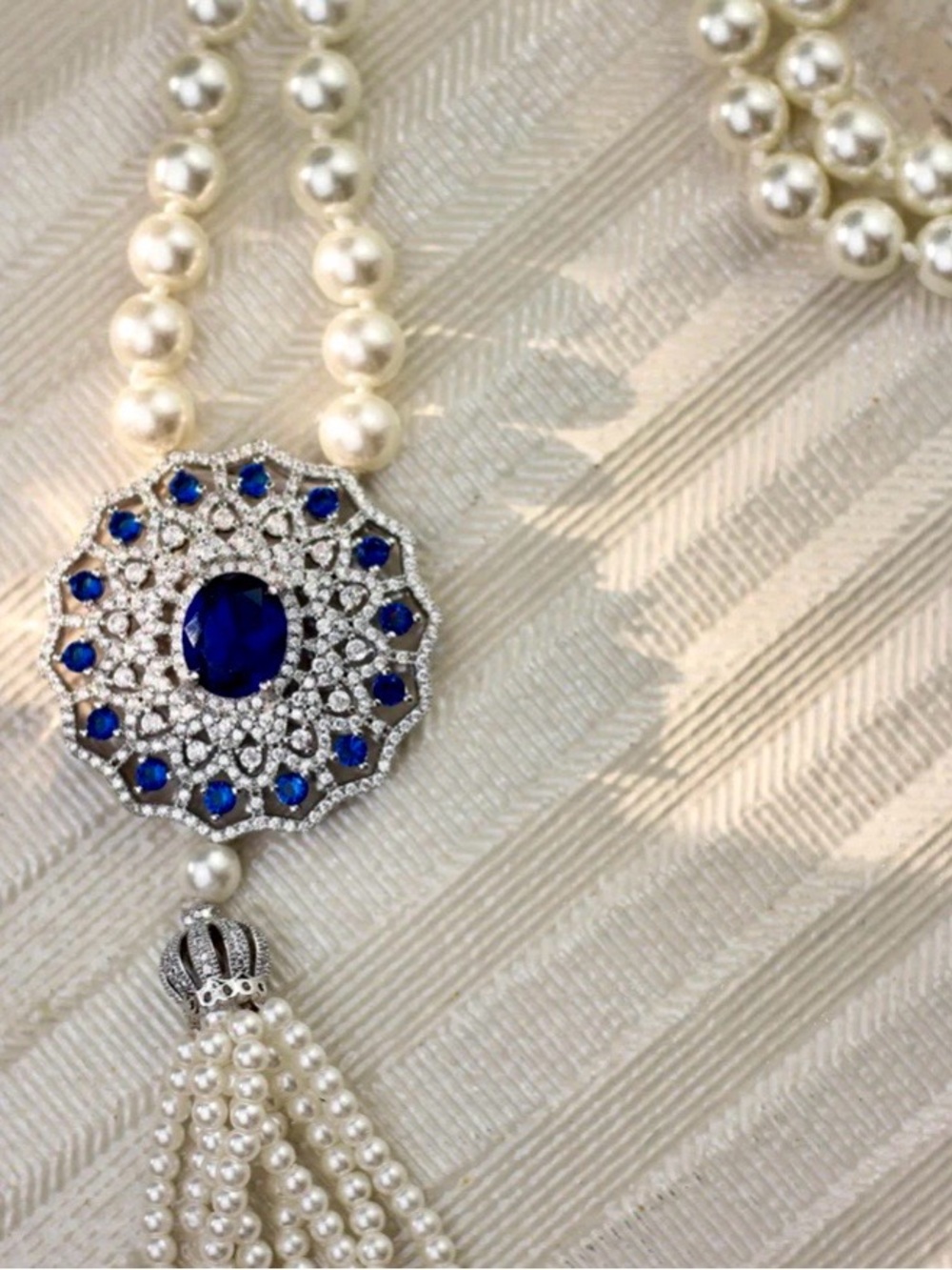 Amrita Singh Double-Strand Pearl Necklace with Blue Gem Medallion Tassel